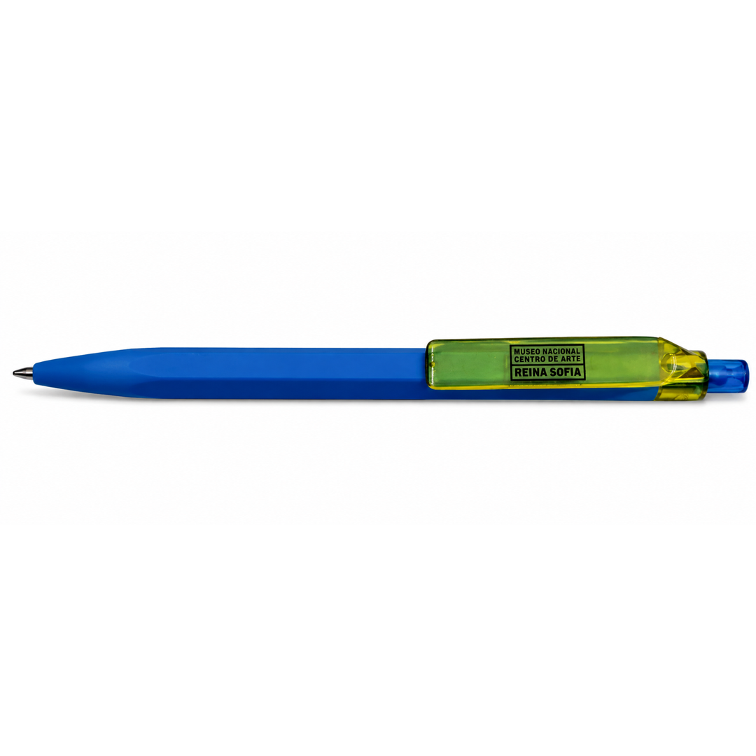 Bolígrafo azul amarillo logo Reina Sofía